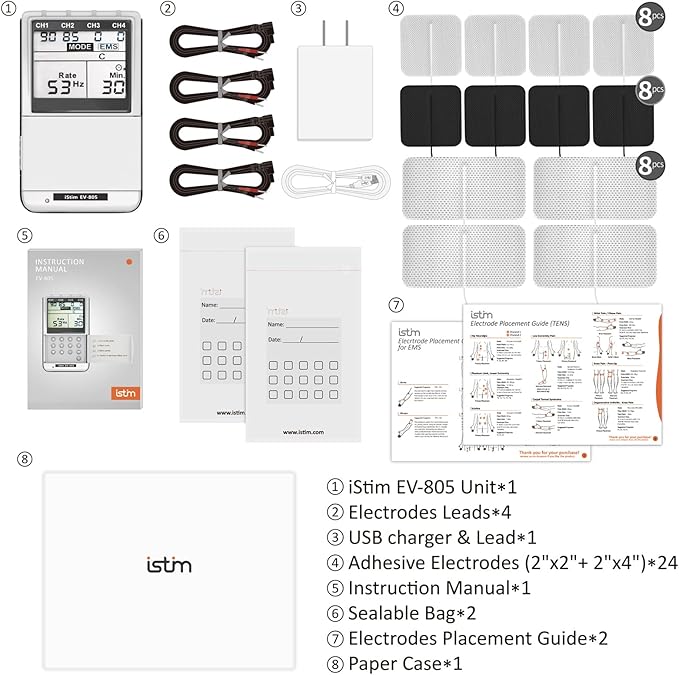 iSTIM EV-805 TENS EMS 4 Channel Rechargeable Combo Machine Unit - Muscle Stimulator + Back Pain Relief and Management- 24 Programs/Backlit (Including Electrodes Pads) iSTIM