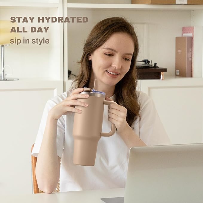 40 oz Tumbler With Handle and Straw Lid, Vacuum Insulated Travel Coffee Mug Stainless Steel Insulated Cup for Beverages, Leak-proof, Cupholder Friendly(Dark Night) - Bloomnest