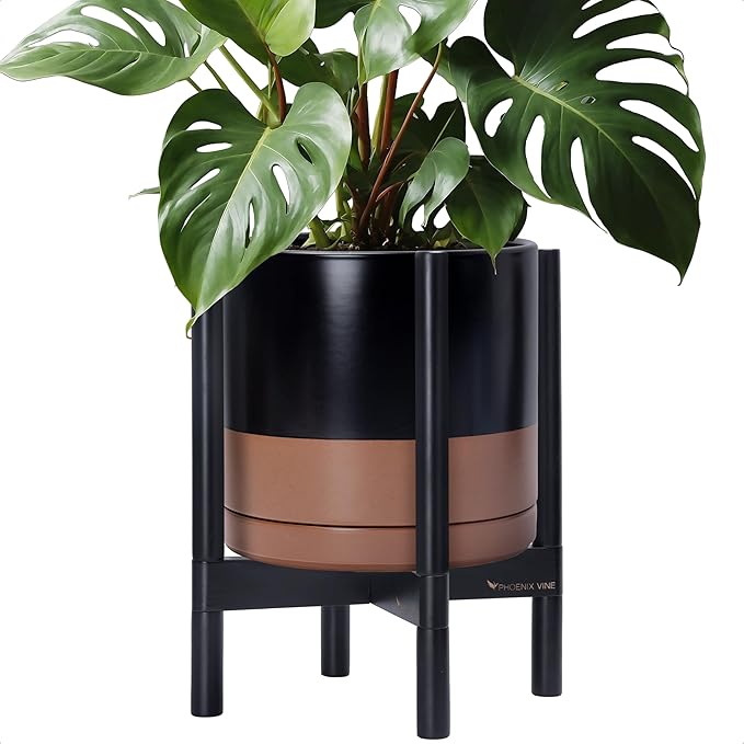 D'vine Dev Ceramic Planter with Ebony Stand - 12 Inch Modern Round Flower Pot with Wood Planter Holder, Black/Speckled Tan, 55-B-H-7 - Bloomnest
