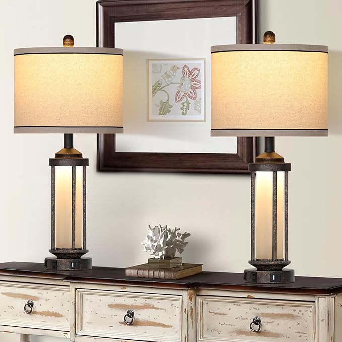 27" Farmhouse Industrial Table Lamps, Vintage Rustic Retro Beside Lamps with USB A+C Charging Ports & AC Outlet, Modern Nightstand Lamps with Glass LED Night Light for Living Room Bedrooms End Table - Bloomnest