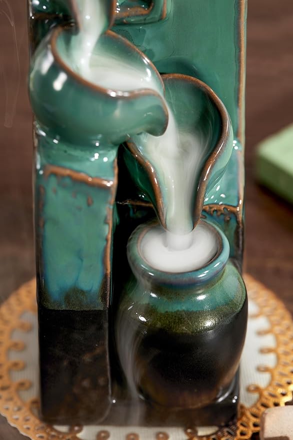 Unique Cascading Basins Ceramic Waterfall Incense Holder, Paired with a Pack of Backflow Incense Cones. (Blue) - Bloomnest