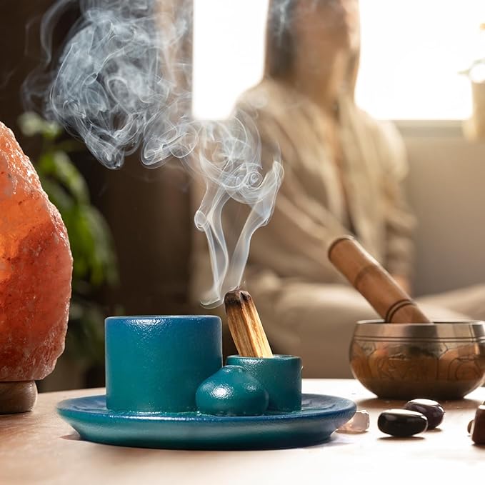 4 in 1 Ceramic Incense Holder, Palo Santo Stick Holder, Sage Holder for Burning, 5.2" Ash Catcher Tray for Meditation, Yoga & Home Decor (Blue)