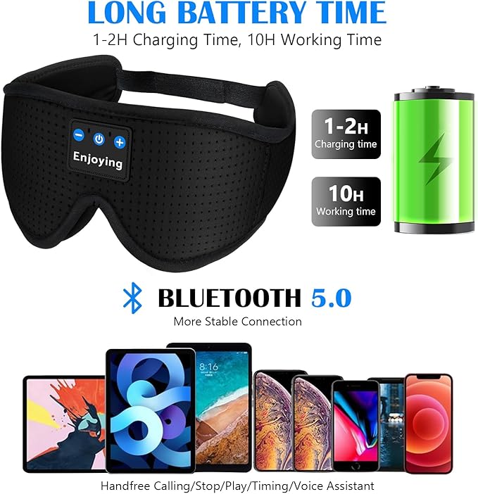 Sleep Headphones, Sleep Mask Bluetooth Wireless Music Eye Mask, Sleeping Headphones for Side Sleepers Sleep Mask with Bluetooth Headphones Ultra-Thin Stereo Speakers for Sleeping (Black) - Bloomnest