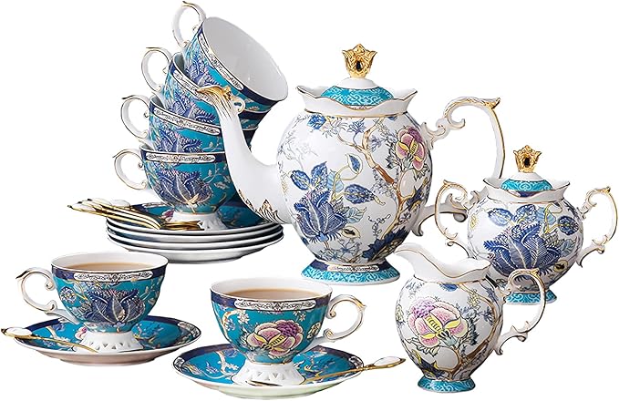 ACMLIFE Tea Sets for Adults for 6 - Tea Pot Sets with Cups Blue, Tea Sets for Women Tea Party, Fine Bone China 24K Gold, Vintage British English Porcelain Afternoon Service Sets for Luxury Gift - Bloomnest