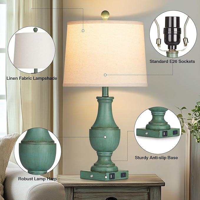 Farmhouse Table Lamp Set of 2, Rustic Touch Control 3-Way Dimmable Lamps with USB A+C Charging Ports & AC Outlet, Vintage Retro Antique Bedside Lamp for Living Room Bedrooms Nightstand Green - Bloomnest