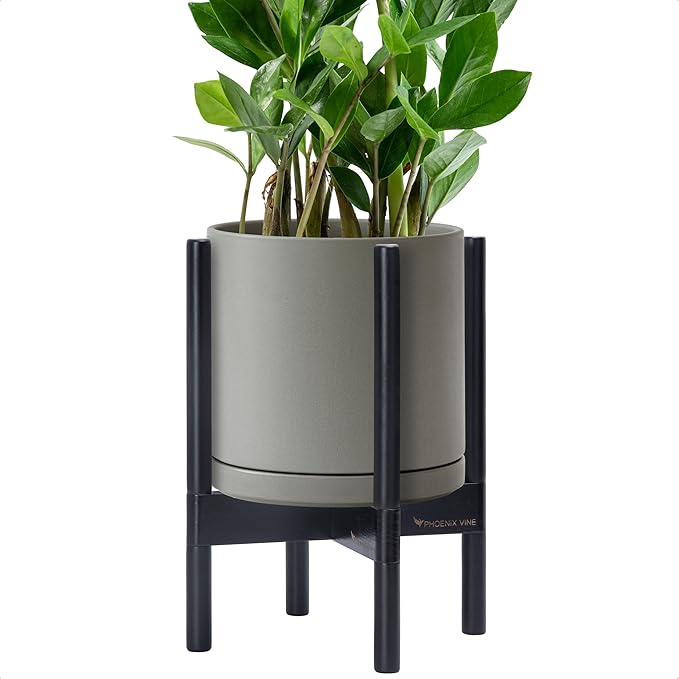 D'vine Dev Ceramic Planter with Ebony Stand - 10 Inch Modern Round Flower Pot with Wood Planter Holder, Grey, 55-B-L-3 - Bloomnest