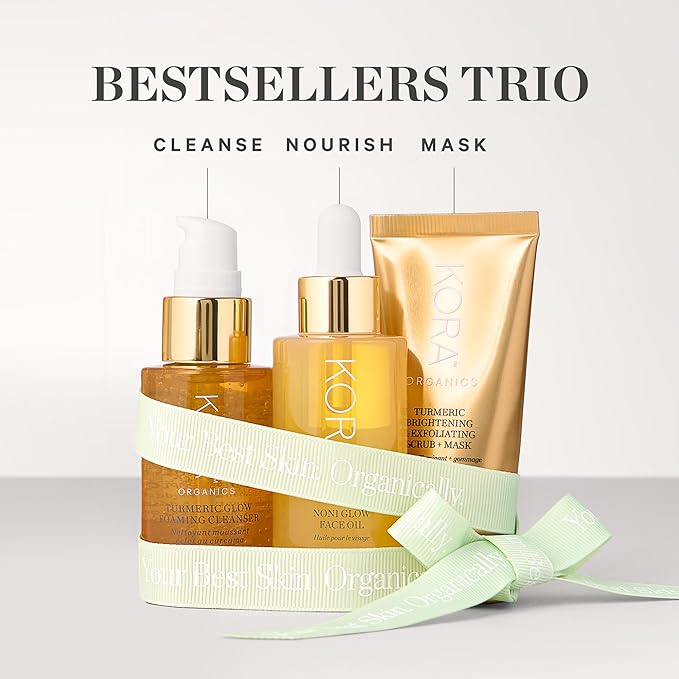 KORA Organics Best Sellers Trio, Gift Set with Noni Glow Face Oil, Turmeric Brightening & Exfoliating Mask and Foaming Cleanser (3 Items) - Bloomnest