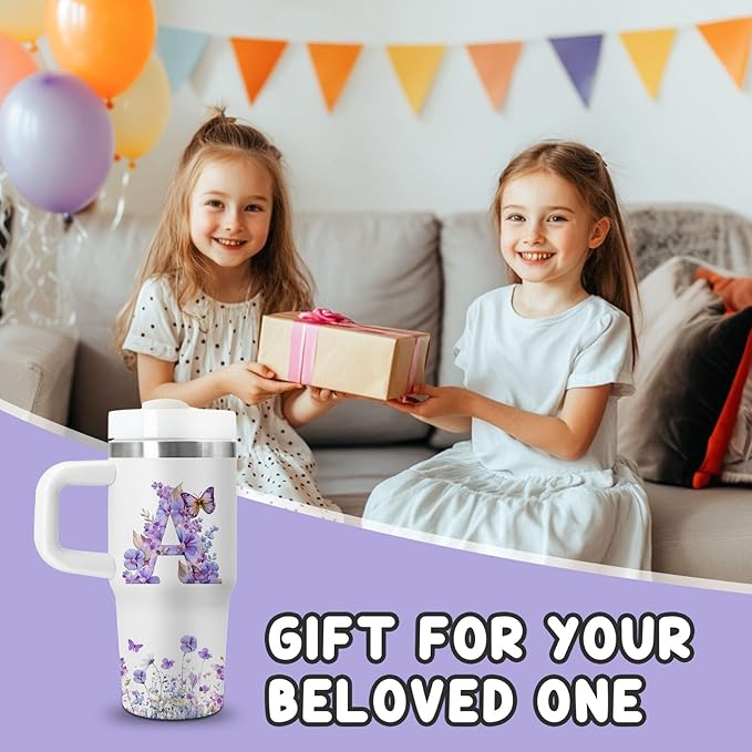 Letter A Tumbler Gifts, 14oz Letter A Themed Tumbler with Handle and Straw, Stainless Steel Double Wall Vacuum Insulated Cup Keep Hot Cold - 14oz Travel Mug with Lid Tumblers for Home Work Outdoor Use - Bloomnest