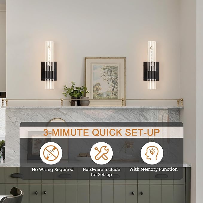 BELS Battery Operated Wall Sconces Set of Two, 13 Inch Black Wireless Wall Light with Clear Glass, Dimmable, 4000K, Remote Control, Rechargeable Wall Sconce for Bedroom, Living Room, Hallway - Bloomnest