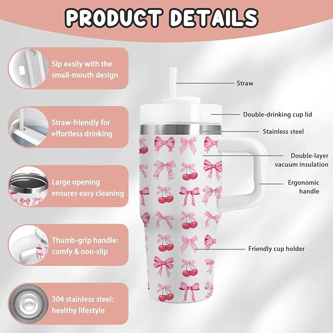 Bow Gifts for Girls - 14oz Pink Kids Bowknot Themed Tumbler with Handle and Straw, Stainless Steel Insulated Water Cup, for Sport, School, Travel - Cute Pink Bow Themed Children Birthday Gift Cup(1pc) - Bloomnest