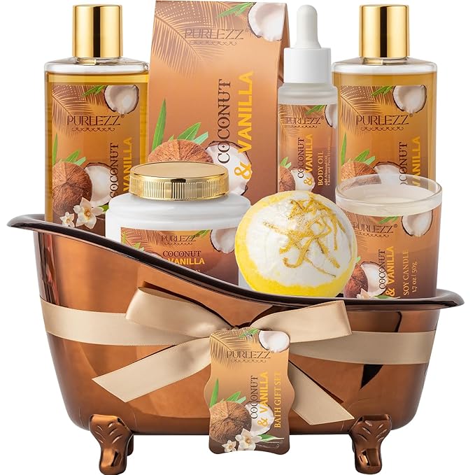 Spa Gift Basket for Women, Coconut & Vanilla Luxury Home Spa Kit, 8pcs Bath Gift Set, Birthday Gift for Women Unique with Bath Bombs, Scented Candle, Body Lotion, Spa Bath Sets for men Gift - Bloomnest