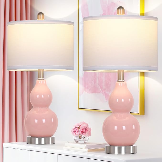 22" Double Gourd Ceramic Table Lamps Set of 2, Pink Modern Bedside Lamps for Living Room, Contemporary Nightstand Desk Lamps for Bedroom End Table Home Office Decor(2 LED Bulbs Included) - Bloomnest