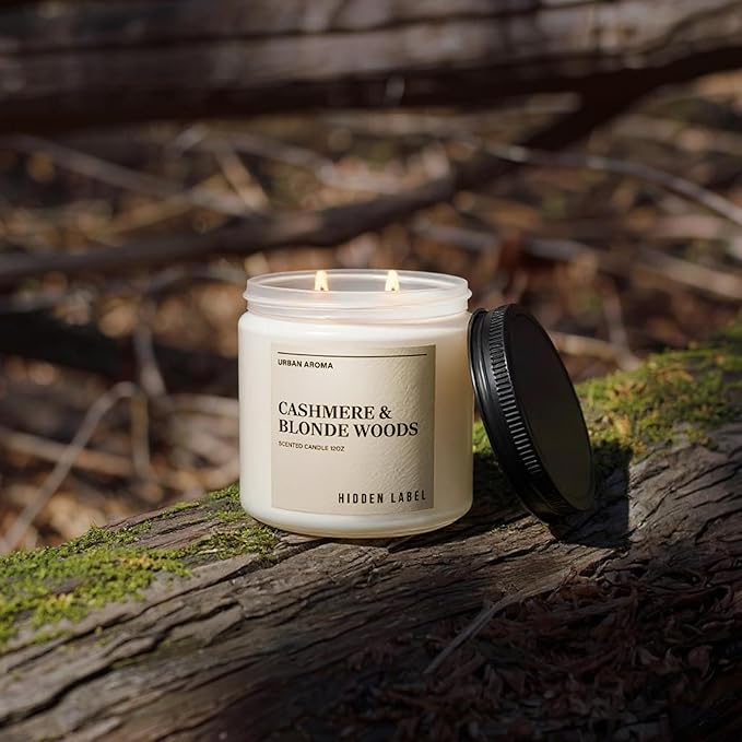 Hidden Label Cashmere & Blonde Woods Soy Candle, 12oz 2 Wick Non Toxic Candles for Home Scented, Bathroom Candle 70H Clean Burning Aromatherapy Candle for Stress Relief & Relaxation Gifts - Bloomnest