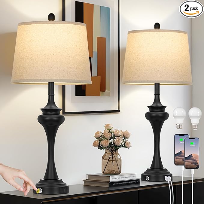30" Black Tall Table Lamps for Living Room, Touch Control Bedside Lamp with USB A+C Ports, 3-Way Modern Bedroom Table Lamps Set of 2, Elegant Metal Lamp for Nightstand Desk Side Table Office - Bloomnest
