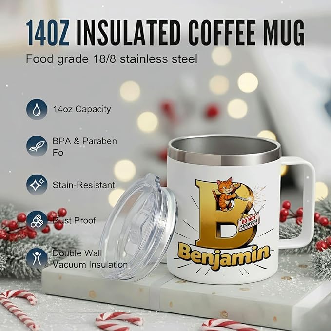 JugJug Personalized Funny Cat Mug with Initial & Name - Naughty 12oz Insulated Coffee Cup w/Lid - Sarcastic Gifts for Cat Lovers, Girls, Women (B172) - Bloomnest