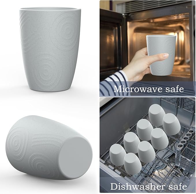Wheat Straw Cups 8 PCS Good Alternative to Plastic Reusable Cups 12 oz Unbreakable Drinking Cup Reusable Dishwasher Safe Water Plastic Glasses Light Grey - Bloomnest