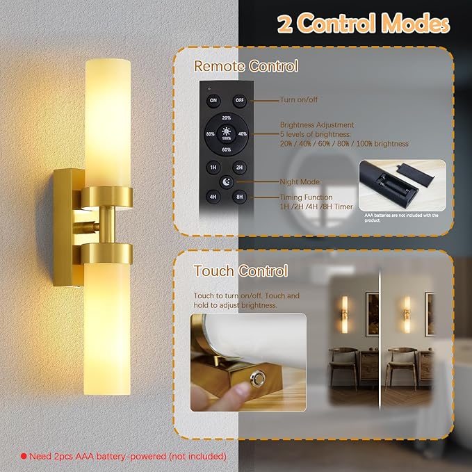 Rechargeable Wall Sconces Set of Two with Remote, Gold Battery Operated Wall Sconce with Milky Glass, Sconces Wall Decor Set of 2 Wall Light Fixtures for Bedroom Bathroom Mirror Living Room - Bloomnest