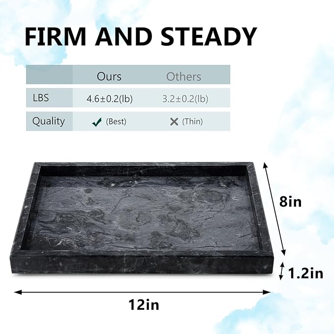 Real Natural Marble Tray for Bathroom, Vanity, Kitchen and Desktop, Rectangle Genuine Marble Stone Tray for Jewelry, Cosmetics, Candles, Lotion, Perfume and Home Decor Black