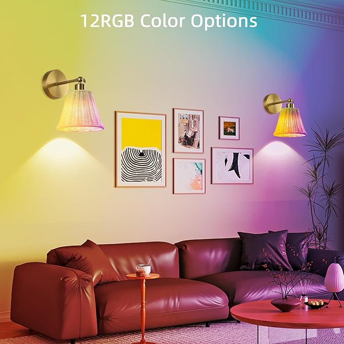 Battery Operated Wall Sconce Set of Two, Rechargeable Bamboo Wall Sconces with Remote RGB 15 Colors Dimmable, Farmhouse Boho Wall Lights for Bedroom Living Room Entryway - Bloomnest
