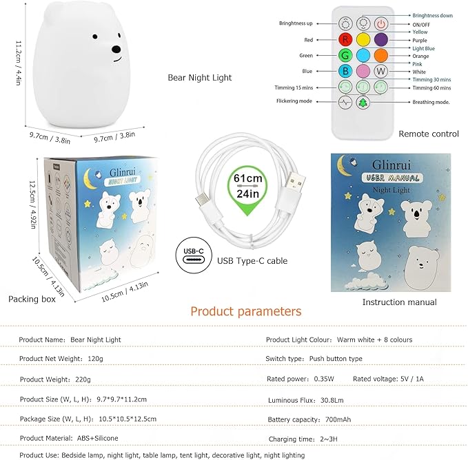 Bear Night Lights for Kids, Bedside lamp for Children, Baby Nursery Light - Break Resistant/Eye Caring/Adjustable Brightness Color/Time Setting/Gifts for Kids Babies Boys Girls - Medium - Bloomnest