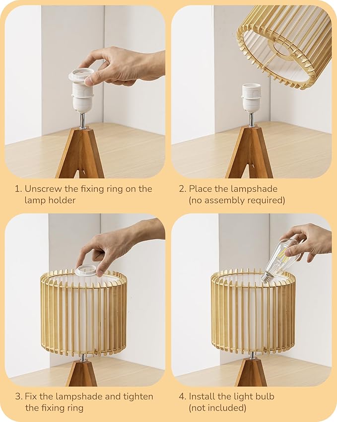EDISHINE 14.17" Small Table Lamp, Wood Tripod Bedside Lamp, Natural Wood-Colored Hollow & White PVC Shade, E26 Base, Boho Nightstand Lamp for Bedroom, Living Room, Office, Study - Bloomnest