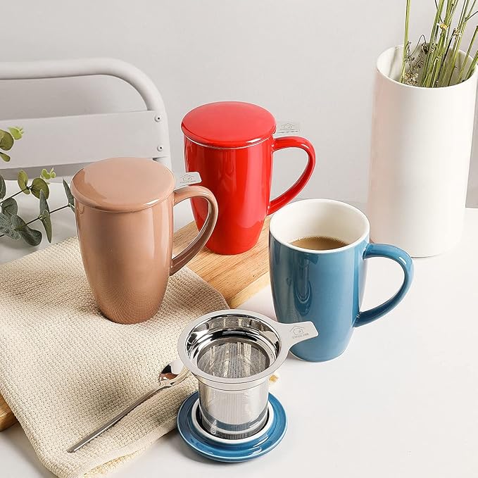 Sweejar Porcelain Tea Infuser Mug with Lid, 16 oz Teacup with Strainers for Loose Leaf Tea, Microwave and Dishwasher Safe Coffee Mug(Fog blue) - Bloomnest