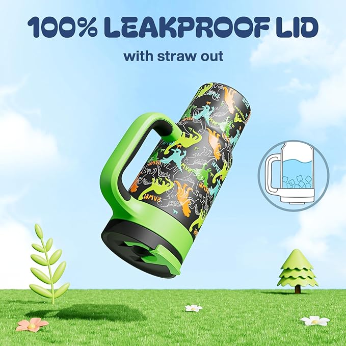 24 oz Kids Tumbler with Straw for Boys: Leakproof, Cold for 26 Hrs, Hot for 10 Hrs, Durable Handle, Insulated Stainless Steel Cup for Daycare, School, Classroom, Playtime, Birthday, Gift (Dino Rawr） - Bloomnest