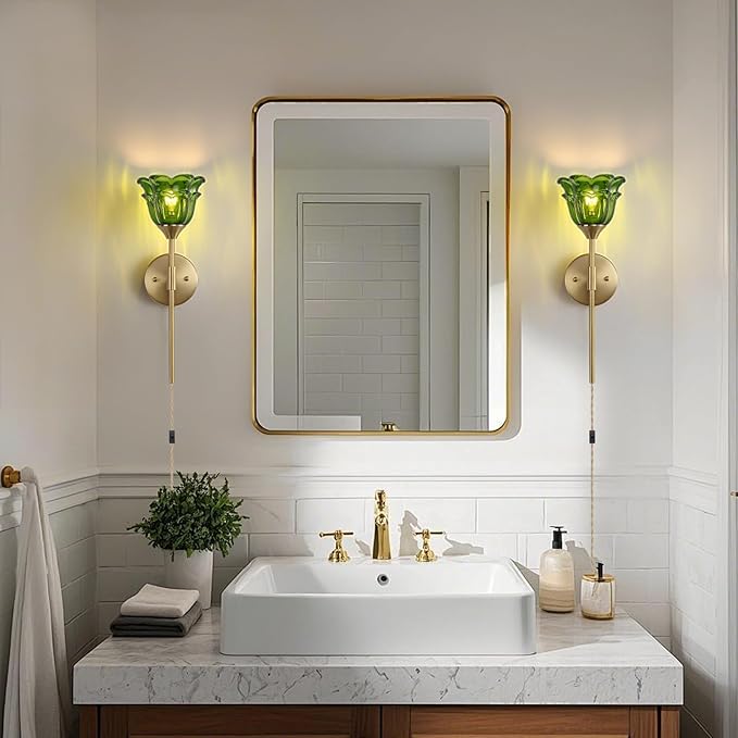 2 Pack Plug in Gold Wall Sconce with Green Glass Shades, Modern Mid Century Bathroom Vanity Wall Light Fixtures, Industrial Brushed Brass Wall Lamp, for Bedroom Mirror Living Room, ETL Listed - Bloomnest