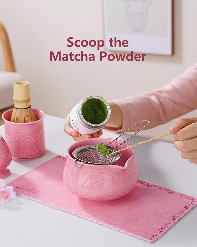 ZENS 7pcs Matcha Set, Matcha Whisk Set Includes Pink Bowl and Cup for Bamboo Whisk, (Chasen Holder), Scoop, 304 Sifter and Tea Mat, Pink Matcha Kit for Matcha Lovers - Bloomnest