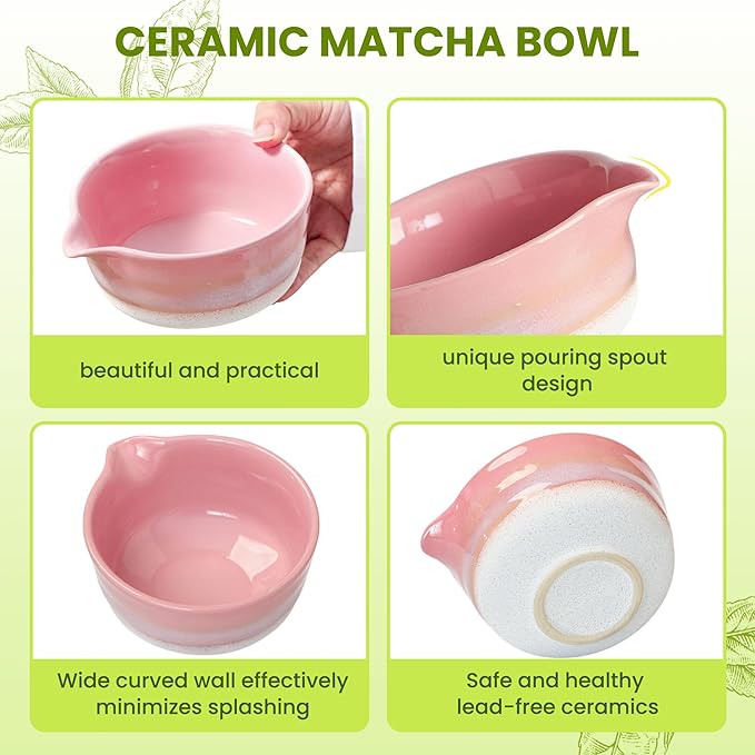 Matcha Whisk Set, Ceramic Matcha Set Desert Series, Matcha Bowl, Matcha Whisk and Holder, Bamboo Scoop, Scoop Rest, Sifter and Tea Towel 7 Pcs Matcha Kit for Birthday Christmas Gift (Pink) - Bloomnest