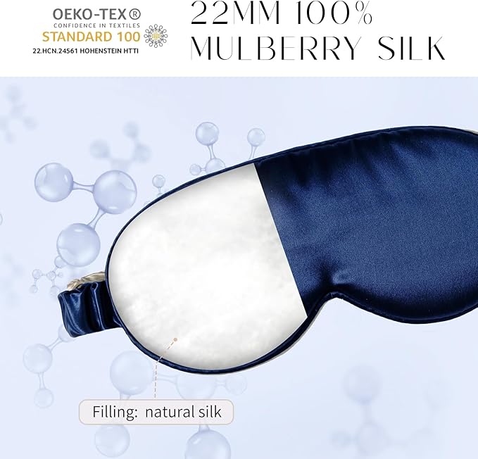 100% 22 Momme Mulberry Silk Sleep Mask, Eye Cover for Sleeping, Blackout 3D Sleep Masks for Lash Extensions with Adjustable Strap for Men and Women (Navy Blue) - Bloomnest