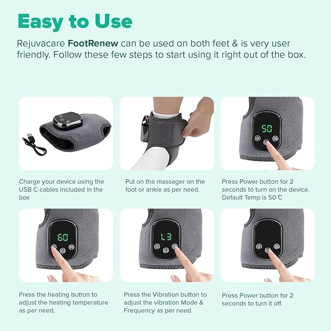 FootRenew Triple Method Massager – The Official - Electric Foot and Ankle Massager Heated Wrap with 3 Vibration Modes and 5 Heat Levels - Cordless Portable Design (1-Piece, 1, Count)