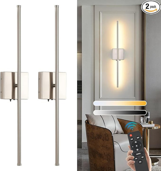 Set of 2 Battery Operated Wall Sconces, 11000mAh Wireless Rechargeable Brushed Nickel Wall Lights with Remote Control, 350°Rotate Dimmable Wall Lamp, 3 Color Temperatures, for Bedroom, Living Room - Bloomnest