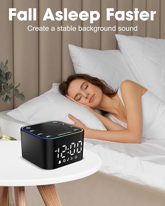 Alampan White Noise Sound Machine with Alarm Clock, 30 Soothing Sounds, Noise Machine for Sleeping, RGB Night Light, Digital Clock, Adults, for Bedside, Nightstand, Including Fan, Rain, Bird, Ocean - Bloomnest