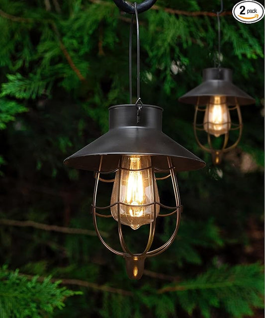 YAKii 2 Pack Solar Lantern Hanging Waterproof Outdoor Metal Solar Lamp with Warm White Light Decorate for Yard Garden Pathway Patio Porch Decor (Black) - Bloomnest