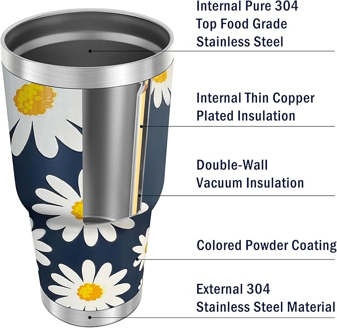 WETOWETO 30 oz Tumbler Stainless Steel Vacuum Insulated Coffee Cup with Handle, Double Wall Vacuum Coffee Tumbler for Hot and Cold drinks, Suitable for Beach, Travel (Daisy Flower, 1 Pack)