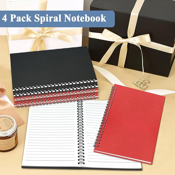 4Pack Small Spiral Notebook A5, 8.25x5.5” 120 Lined Pages Black & Red Wide Ruled Spiral Journal Bulk Blank Kraft Cover Spiral Bound Notebook & Writing Pads for Home Office Meeting Work Note Taking - Bloomnest
