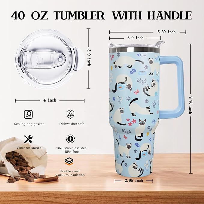 40 Oz Siamese Cat Coffee Travel Mug Cup Water Bottle Tumbler With Handle,Cat Gifts for Women - Bloomnest