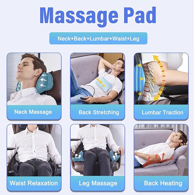 comrelax Back Massager with Heat & Traction & Vibration, Chair Massager Pad for Office Home, Seat Massage for Pain Relief Deep Tissue, Lumbar Traction, PU Leather, Foldable, for 5’1” to 6’1” - Bloomnest