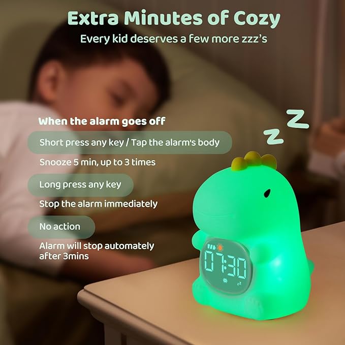 Dinosaurs Alarm Clock with Night Light for Kids with Sleep Training and Sound Machine, Rechargeable Silicone Lamp OK to Wake Clock，Cute Animal Tabletop Lamp, Perfect Sleep Companion for Boys Girls - Bloomnest