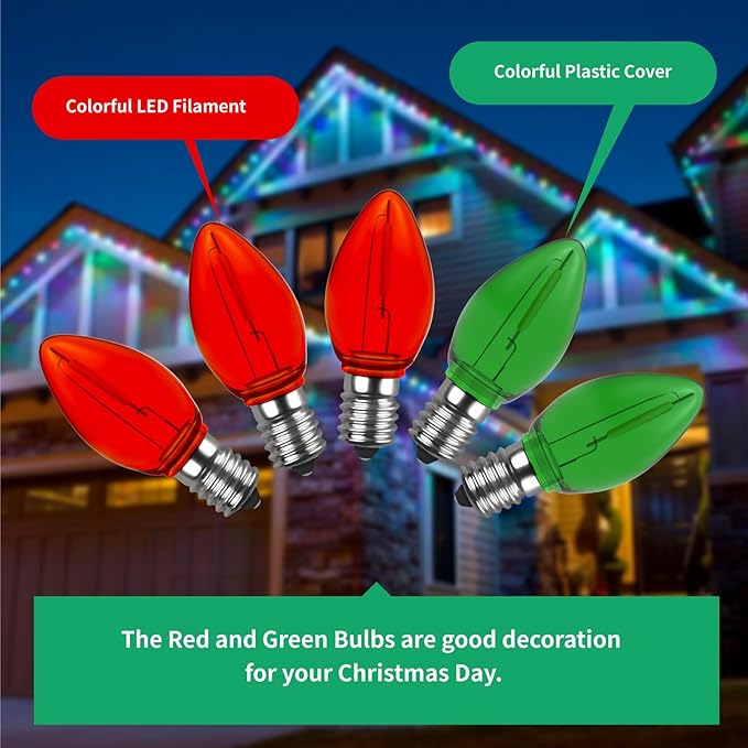 Meconard C7 Led Replacement Christmas Light Bulb, C7 Shatterproof Led Bulbs for Christmas Indoor Outdoor String Lights, E12 Candelabra Base Red Light Bulbs Green Light Bulb, 25 Pack - Bloomnest