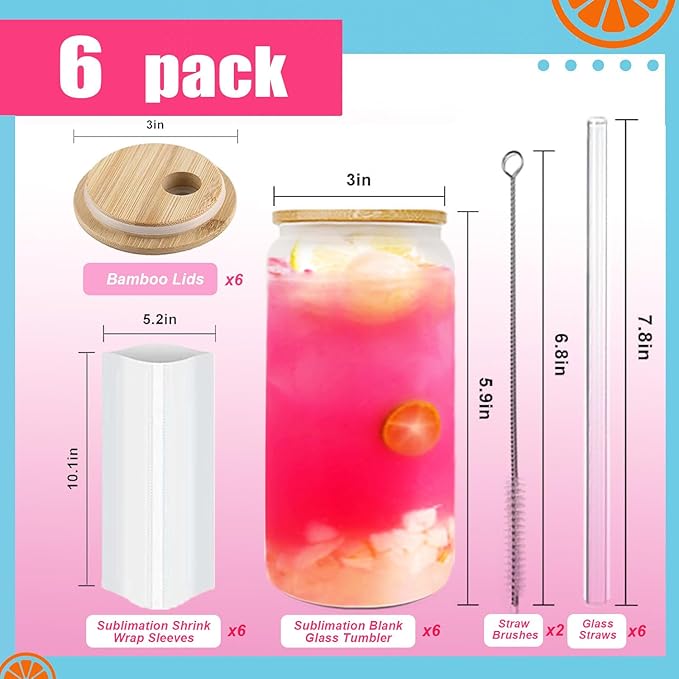 6pack Sublimation Glass Cups with Bamboo Lids and Straws, Frosted 16oz Blanks Sublimation Beer Cans, Borosilicate Glasses, sublimation Tumblers for Beer, Juice, Soda, Iced Coffee - Bloomnest