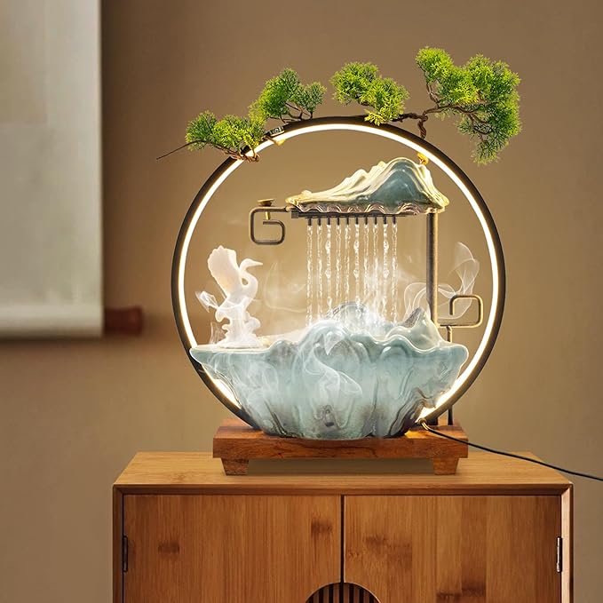 15In White Crane Water Fountain Waterfall Indoor Tabletop Decration Humidifier with LED Light, Atomizer Circulating Water, Japanese Zen Decor Meditation Feng Shui Decor Festival Birthday Gift - Bloomnest