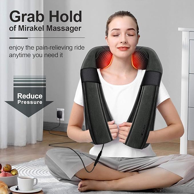 Mirakel Shiatsu Neck & Back Massager with Heat - Deep Tissue Neck, Back & Shoulder Pain Relief - Ergonomic Design Shoulder Massager, Electric Kneading Whole Body Massage Pillow Gifts for Women, Men
