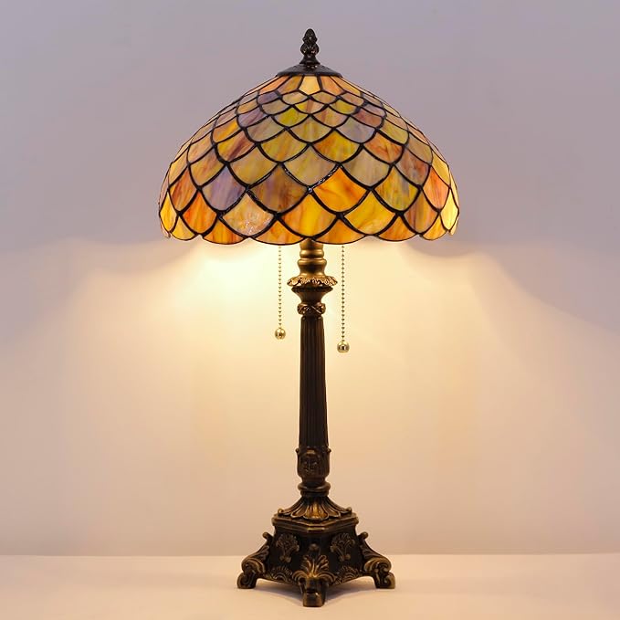 Tiffany Lamp Fish Scales Style Stained Glass Table Lamp Desk Reading Light 12X12X21 Inches with Resin Base Decor Bedroom Living Room - Bloomnest