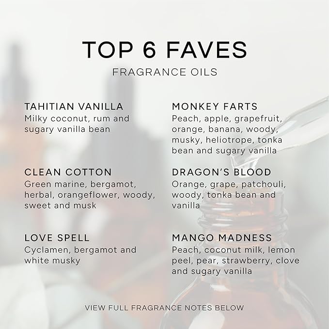 Top 6 Faves - Gift Set of 6 Premium Fragrance Oils - Love Spell, Tahitian Vanilla, Clean Cotton, Mango, Dragon's Blood and Monkey Farts - 10ML - Bloomnest
