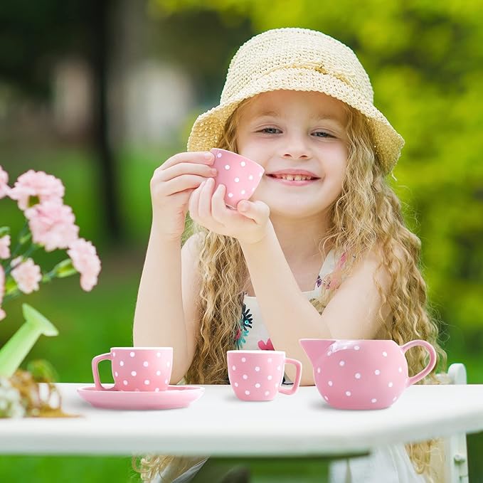 fanquare Porcelain Tea Service Set for Girls, 12Pieces Role Play Tea Sets with Box for Holiday Gifting Party, Pink and Polka Dot - Bloomnest