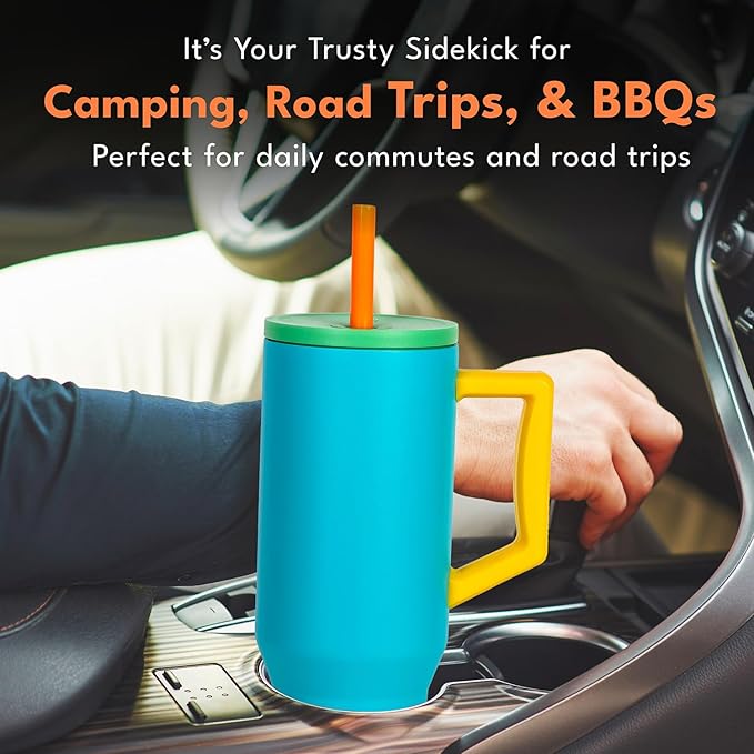 Elemental 40 oz Tumbler with Handle and Straw - Spill Proof Insulated Stainless Steel Commuter for Hot and Cold Beverages - Travel Coffee Mug with 2 Straws & Spill Proof Lid - 40oz - Blue Lagoon - Bloomnest