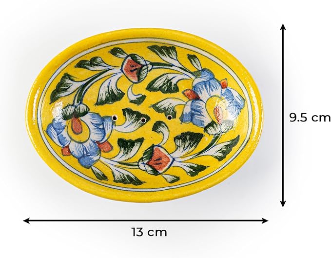 Blue Pottery Soap Case Handmade Handicraft Ceramic Decorative Bathroom Accessory for Shower Bathroom Kitchen Sink Bathtub Bathroom Accessories and Gifting (Yellow Flower) - Bloomnest