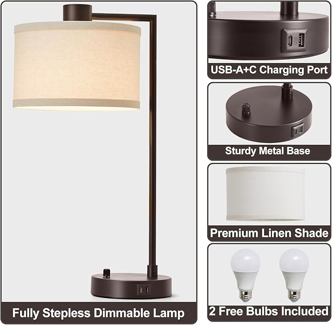 Luvkczc Table Lamp for Bedroom Set of 2 with USB C+A Ports - Fully Stepless Dimmable Bedside Lamp with Linen Lampshade - Contemporary Lamp for Living Room Reading Office, 2 Bulbs Included (Red Brown) - Bloomnest